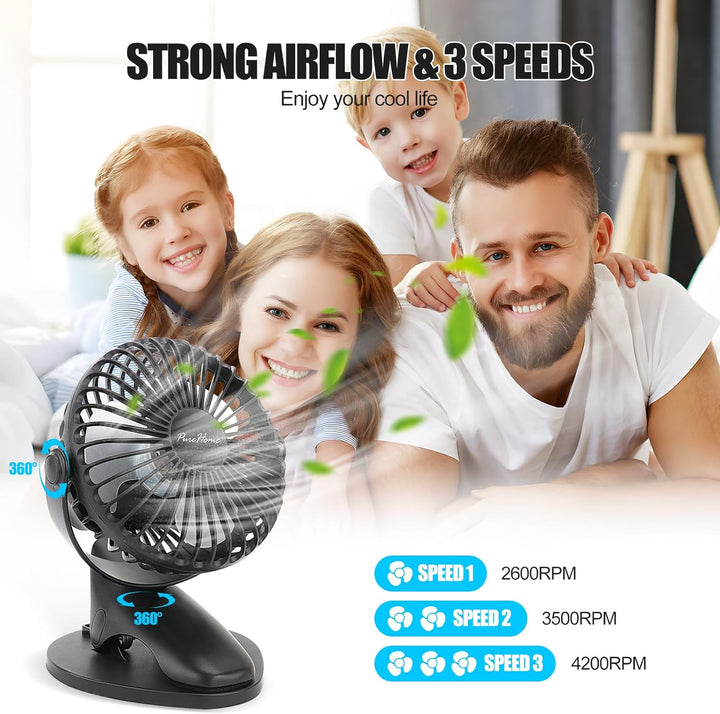 USB Rechargeable Clip Fan, 3-Speed, 360° Rotation, Ultra-Quiet.