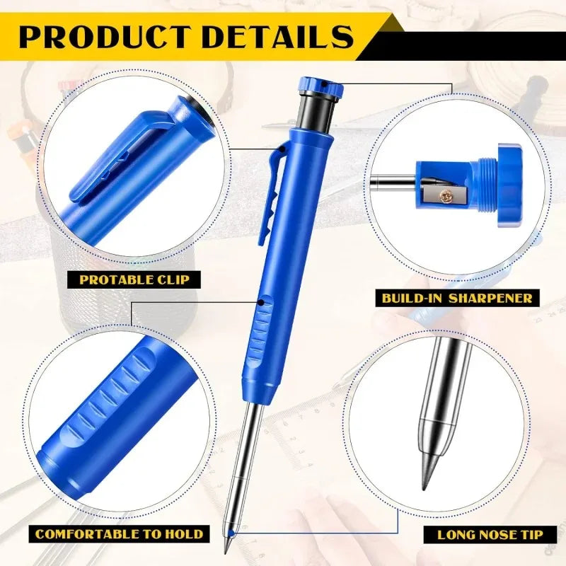 Solid Carpenter Pencil with Refillable Lead and Built-In Sharpener – Ideal for Deep Hole Scribing and Woodworking Marking