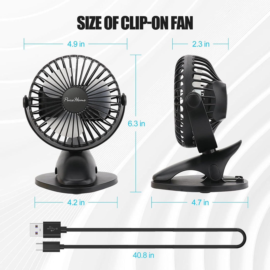 USB Rechargeable Clip Fan, 3-Speed, 360° Rotation, Ultra-Quiet.