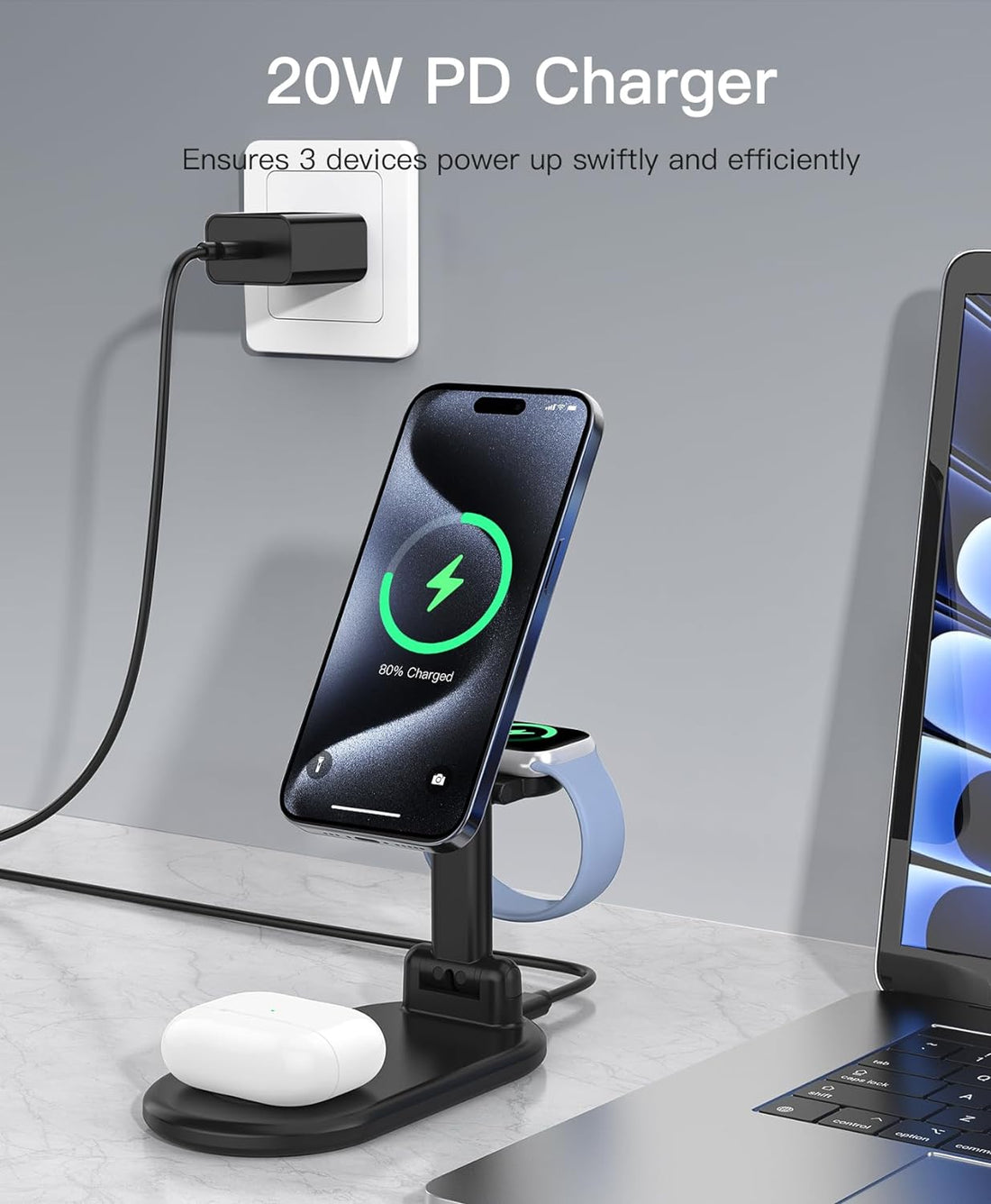 3-in-1 Wireless Charging Station for Apple Devices.