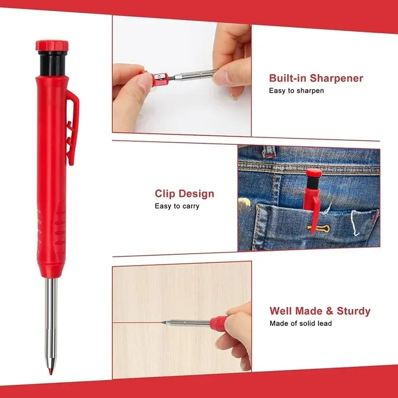 Solid Carpenter Pencil with Refillable Lead and Built-In Sharpener – Ideal for Deep Hole Scribing and Woodworking Marking